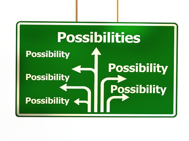A road sign with branching arrows all labeled "Possibilities"