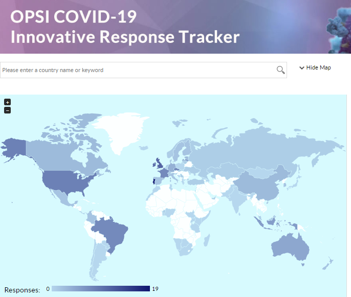 Map of the world with colouring to indicate the number of innovative responses by country