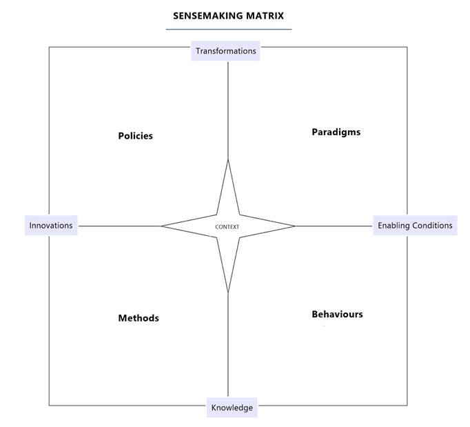 A sensemaking framework with four points: transformation, enabling conditions, knowledge, and innovations, and four quadrants: policies, paradigms, behaviours, and methods.