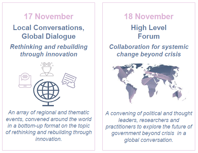 17 November - Local Conversations, Global Dialogue: Rethinking and rebuilding through innovation. 18 November - High Level Forum: Collaboration for systemic change beyond crisis