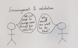 Two figures under a heading 'encouragement and validation' talking to each other with one saying 'We just need to change some things for results' and the other 'Why would we want to do that?'