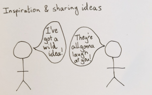 Two figures under a heading 'Inspiration and sharing ideas' with one figure saying 'I've got a wild idea!' and the other 'They're all gonna laugh at you!'