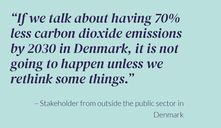 “If we talk about having 70% less carbon dioxide emissions by 2030 in Denmark, it is not going to happen unless we rethink some things.” – Stakeholder from outside the public sector in Denmark