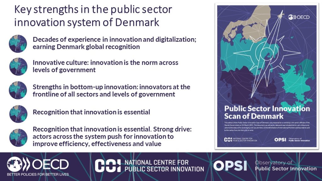This figure highlights key strengths in the innovation system of Denmark, including bottom-up innovation, recognition of importance of innovation, innovative culture