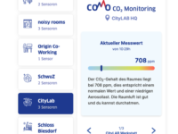 The illustration shows the widget on the webpage como-berlin.de. It is shown the sensor installation in a room at the organisation CityLAB Berlin. The last measured value (708 ppm) of the CO2 concentration is displayed and the description tells that this is a normal value with a low aerosol load.