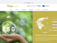 Screenshot of the National ESG Data Map (esg.ekt.gr) homepage, showing the ESG logo and a Greece map graphic representing ESG indicators by region